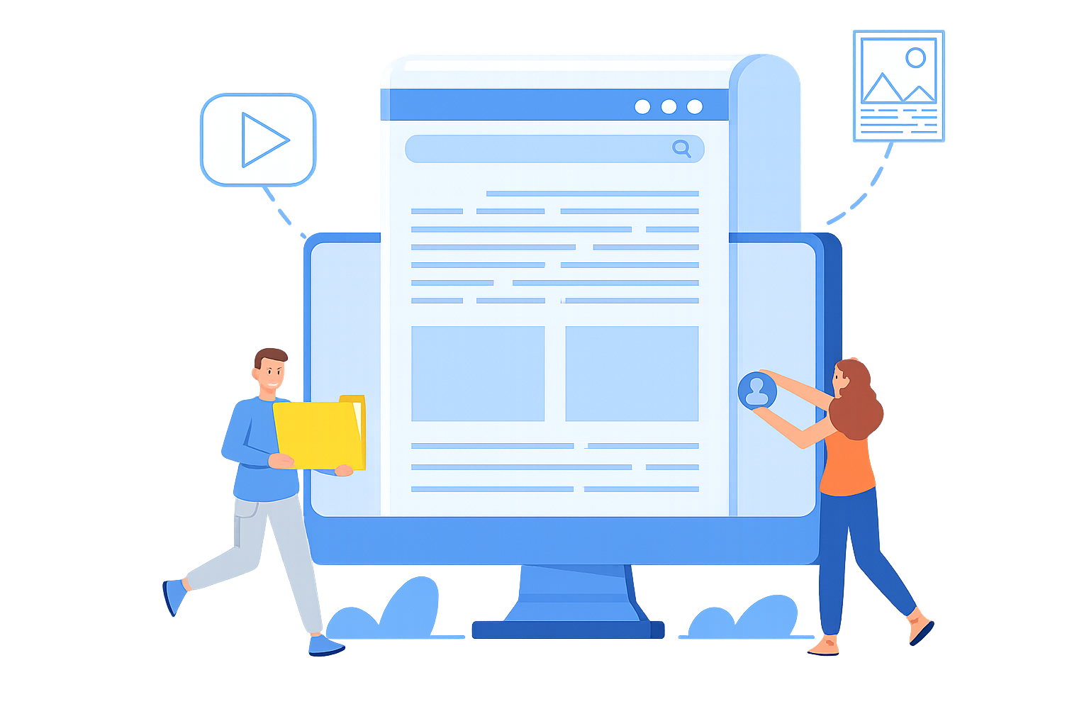 Ilustração do blog NextApps — pessoas interagindo com conteúdo em uma tela