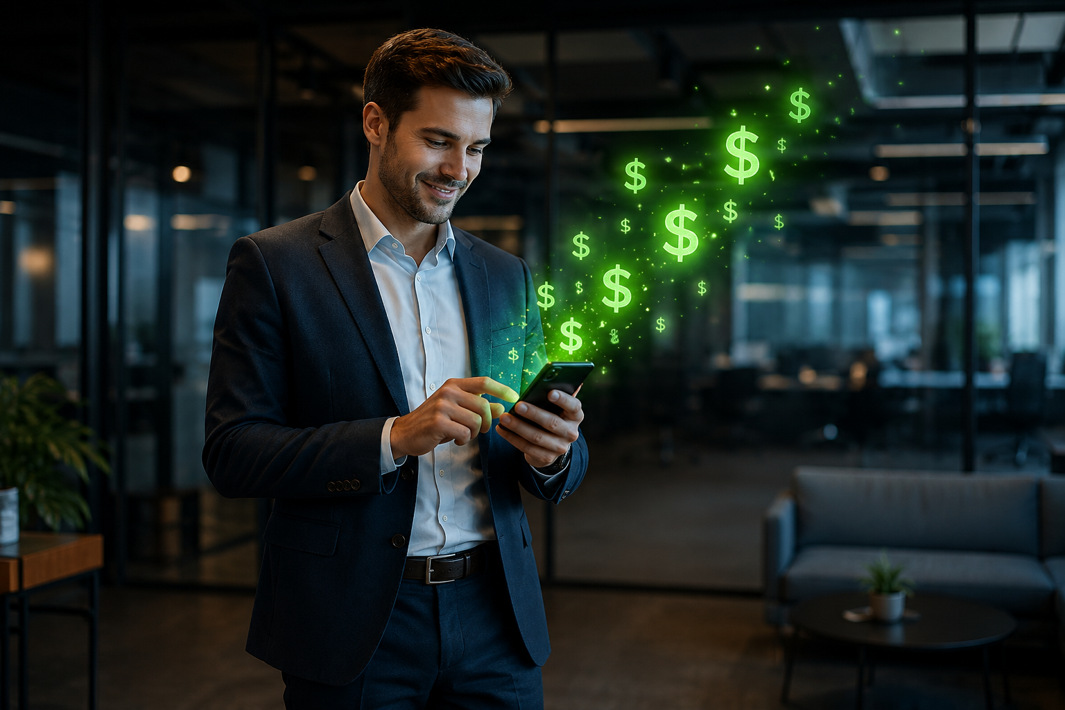 Executivo usando IA da NextApps no celular gerando vendas