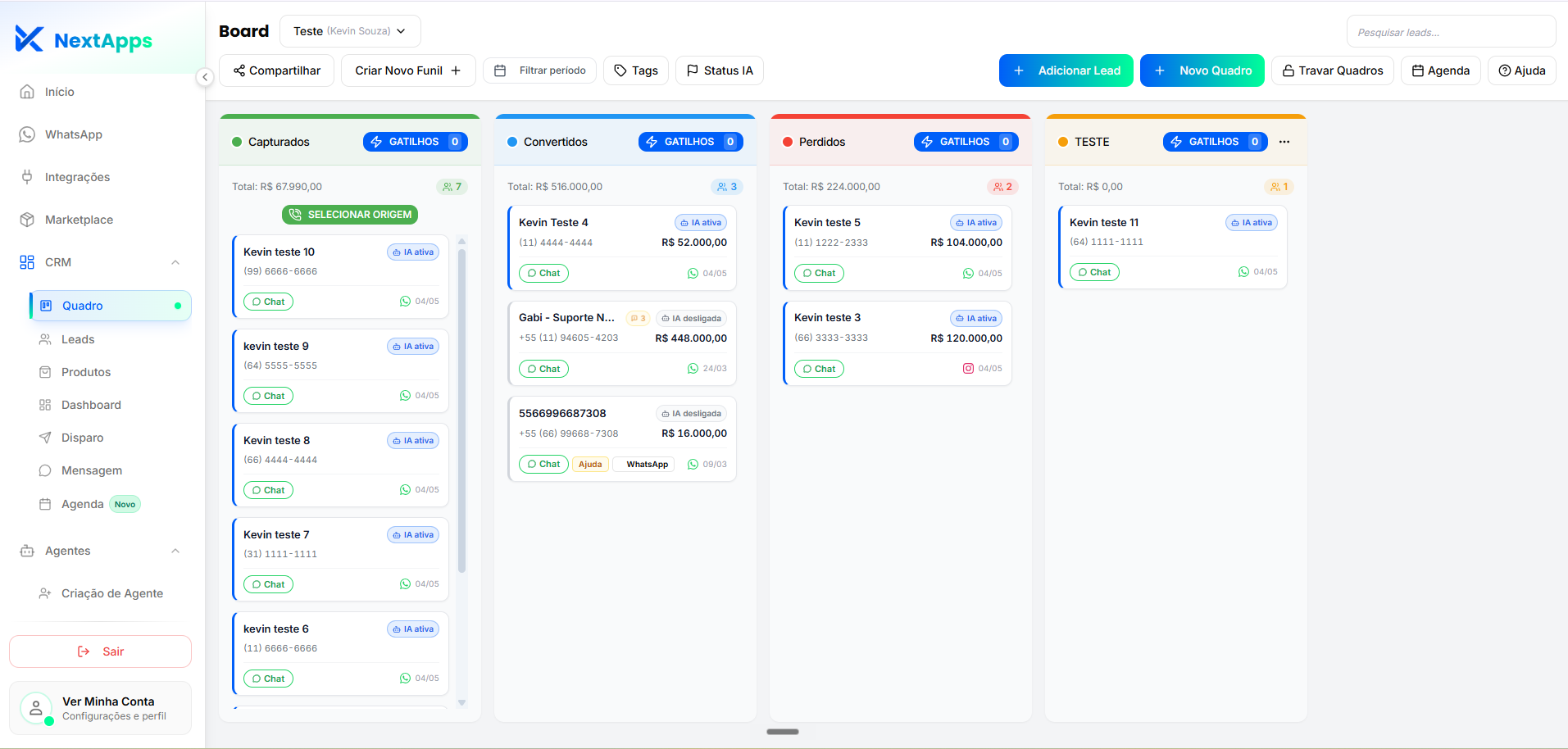 NextApps — Board de leads em pipeline kanban