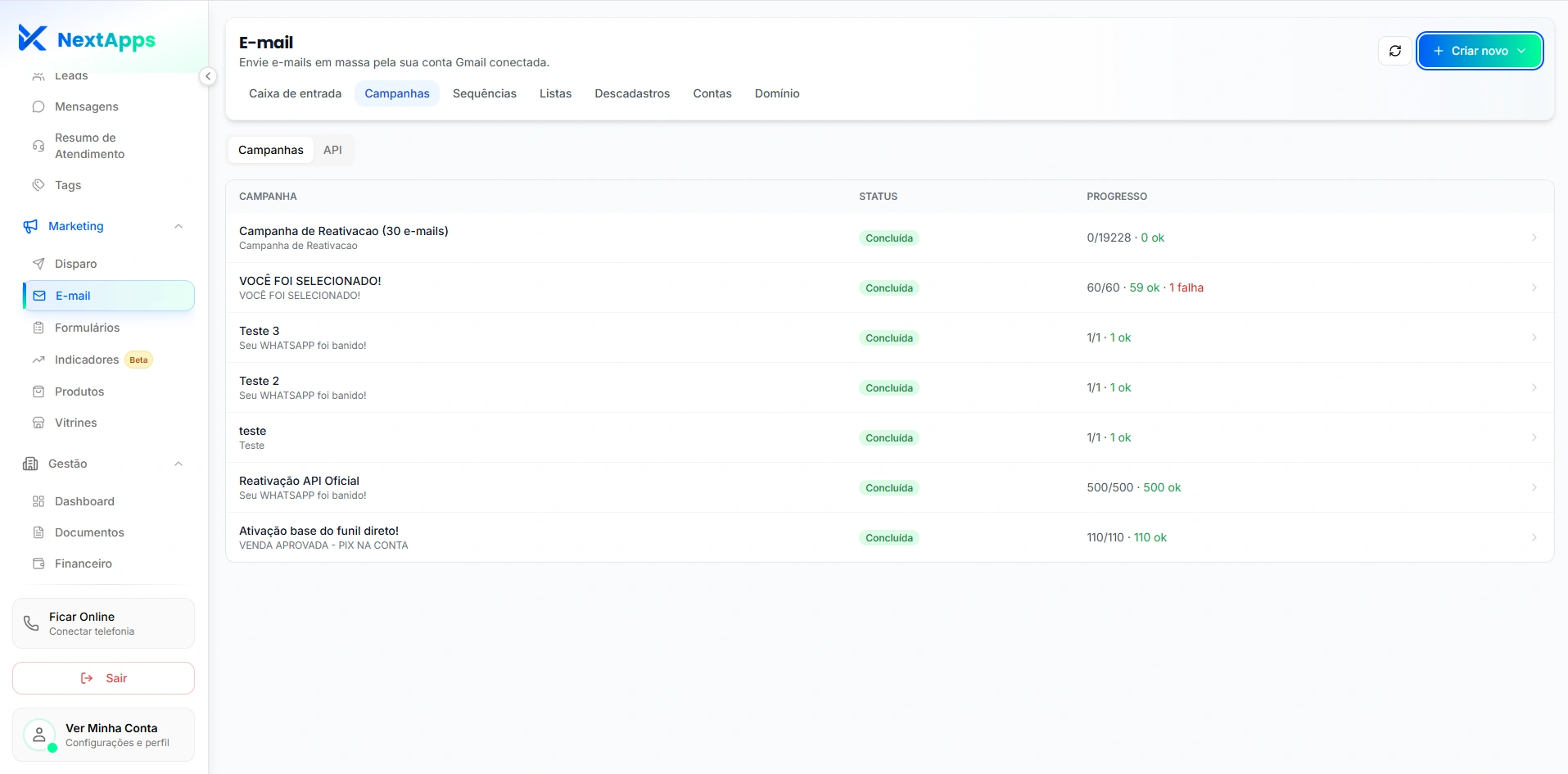 Plataforma NextApps — Campanhas de e-mail e status de envio
