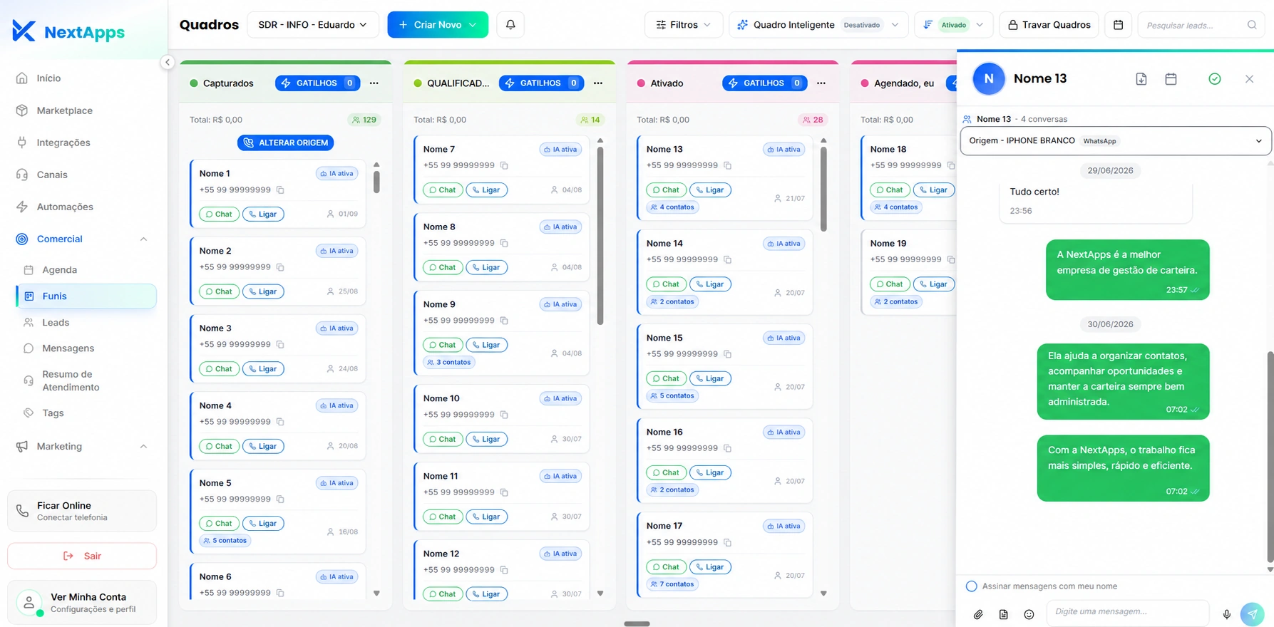 Plataforma NextApps — Conversa do lead aberta ao lado do funil