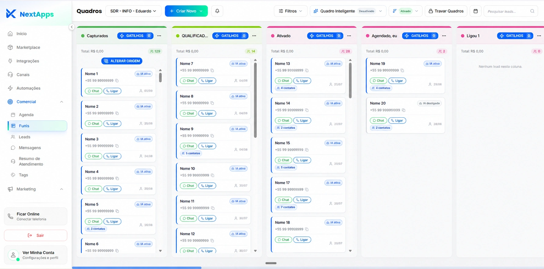 Plataforma NextApps — Funis com quadro kanban de leads por etapa