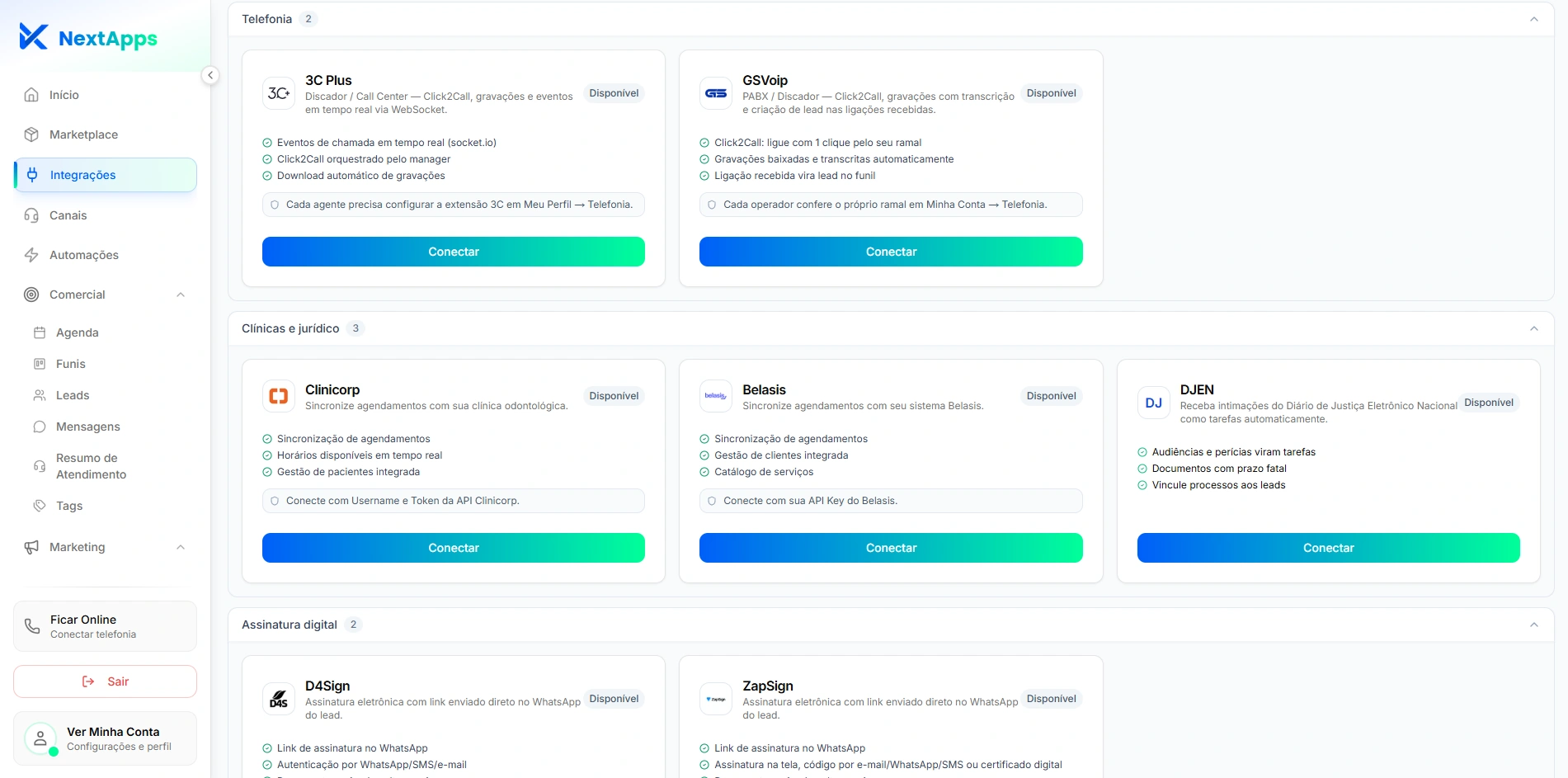 Plataforma NextApps — Integrações disponíveis por categoria