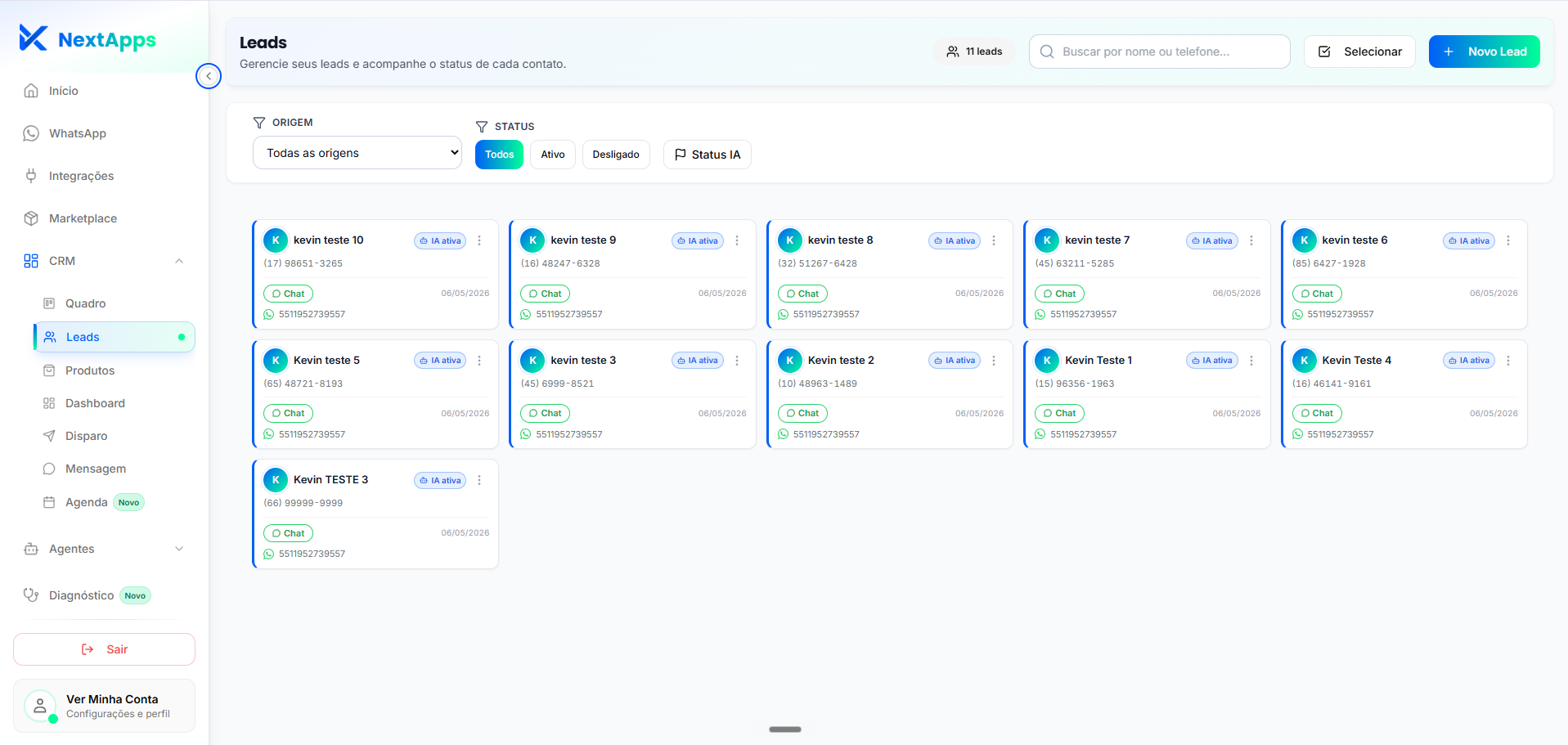Plataforma NextApps — Listagem de leads